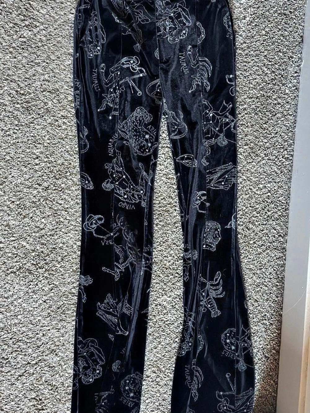 Disturbia Zodiac Foil Print Split Slim Flare Trousers Black & Silver UK 8 US 4